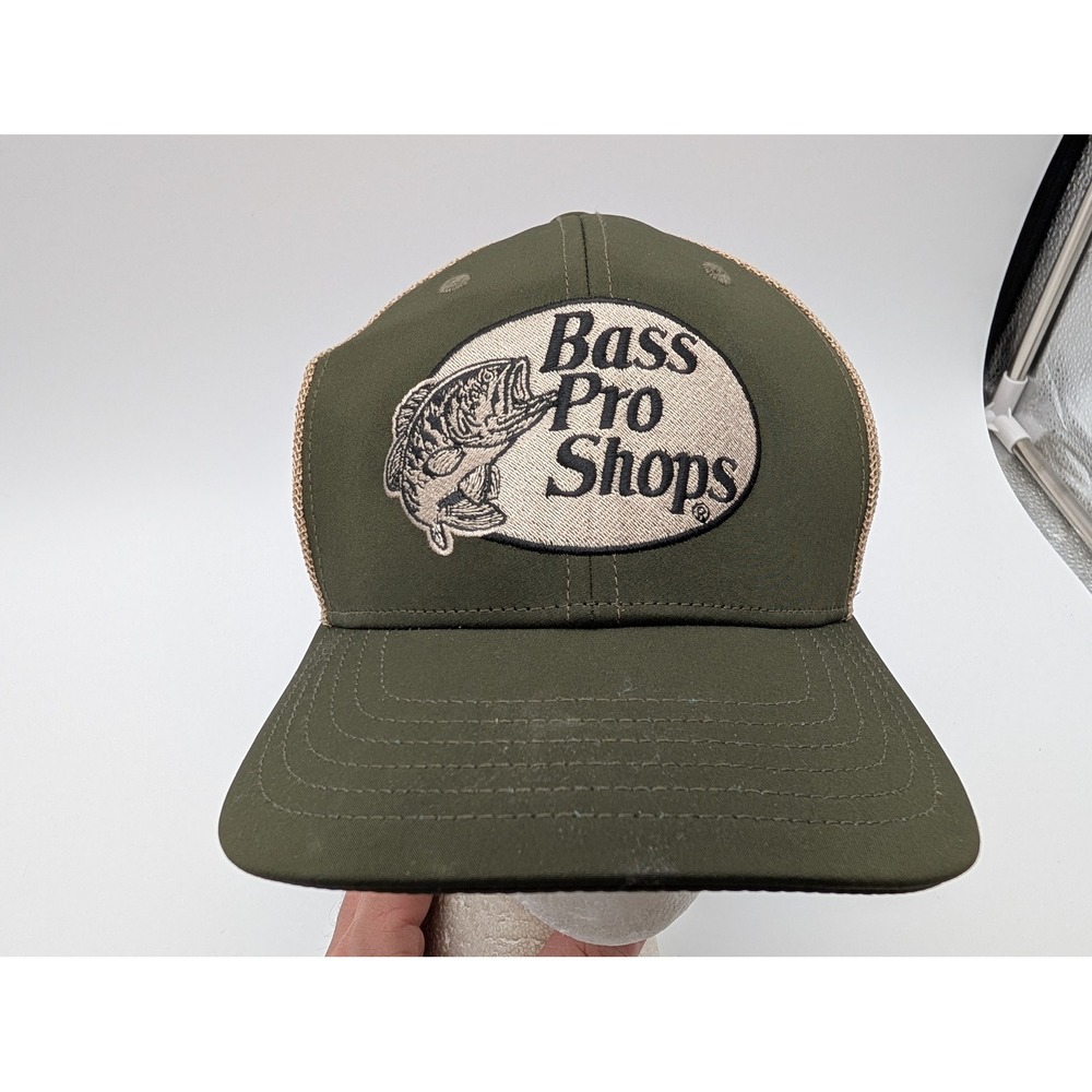 Bass Pro Shops Trucker Hat Olive Green Tan Mesh Back American Flag Patch Hat
